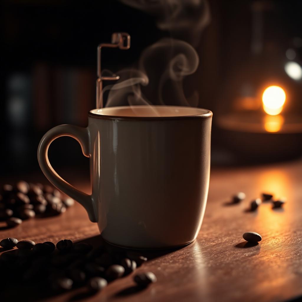 Steaming mug of Black Ember coffee on a dark walnut table
