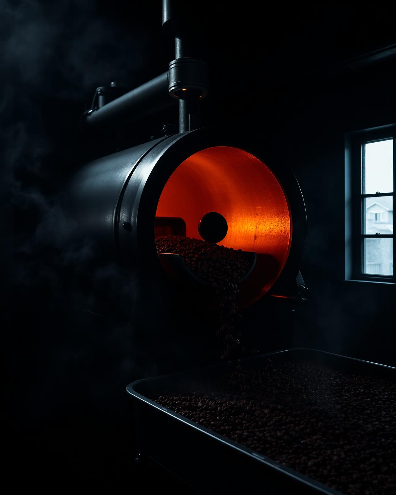 Roasted coffee beans pouring from a glowing artisan drum roaster into a cooling tray, warm orange fire glow, atmospheric smoke.